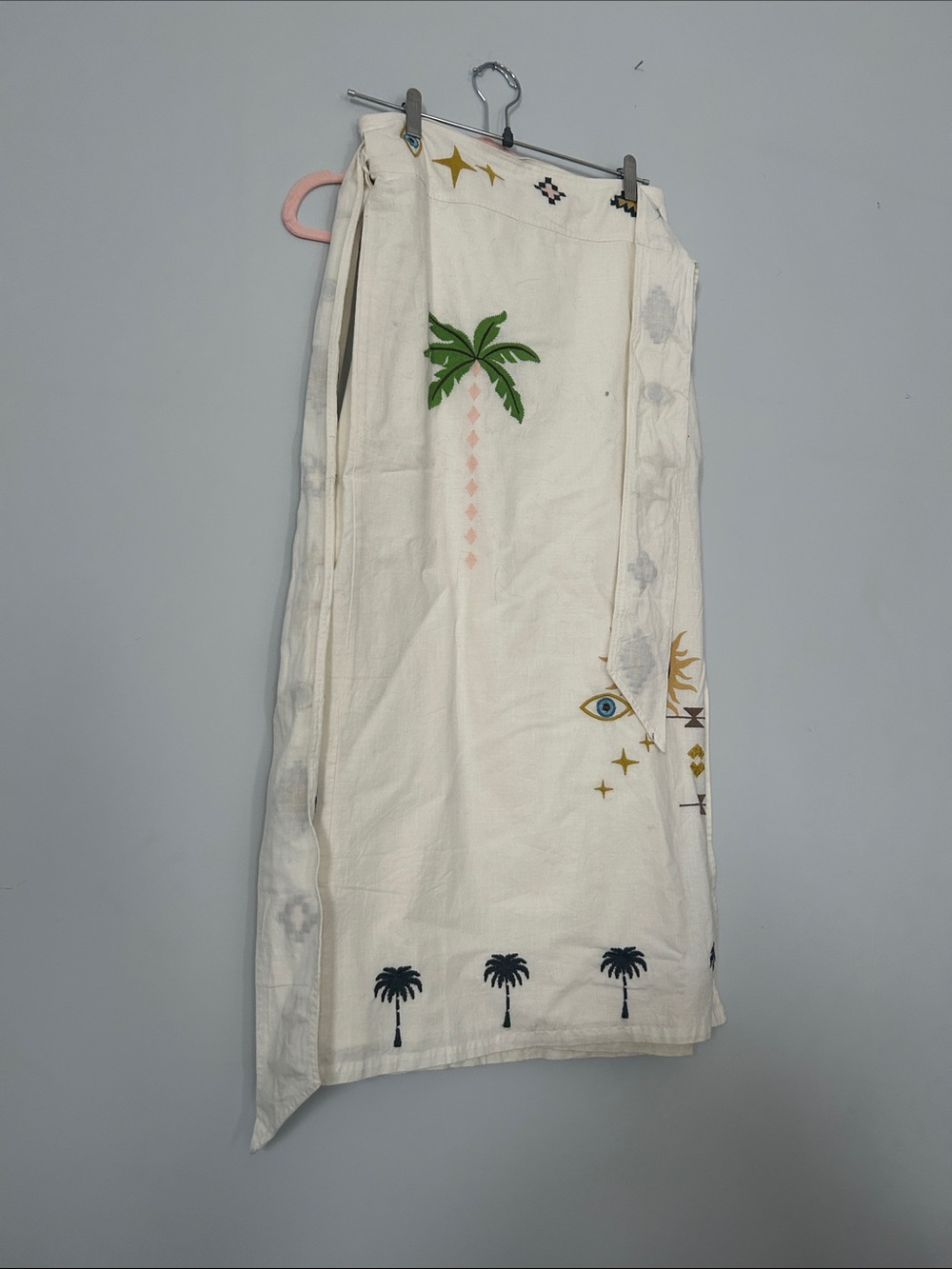 Never Fully Dressed Cream Wrap Skirt with Green Palm Motif and Navy Accents